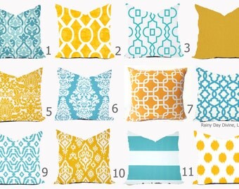 Pillow Cover Throw Accent Pillow - Aqua Turquoise Blue Yellow Modern Lattice Ikat - 16x16, 18x18