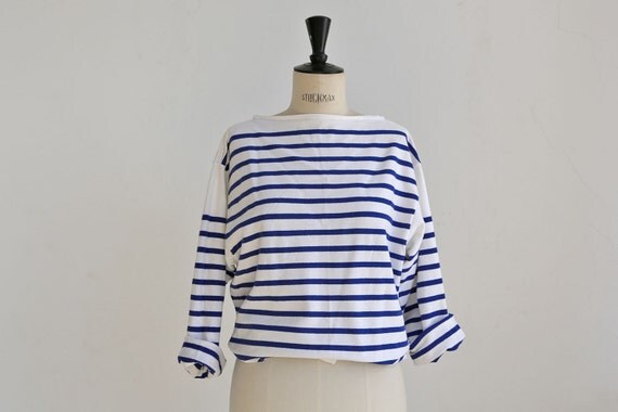 French Sailor Striped Tee Middy Oversized White and Blue