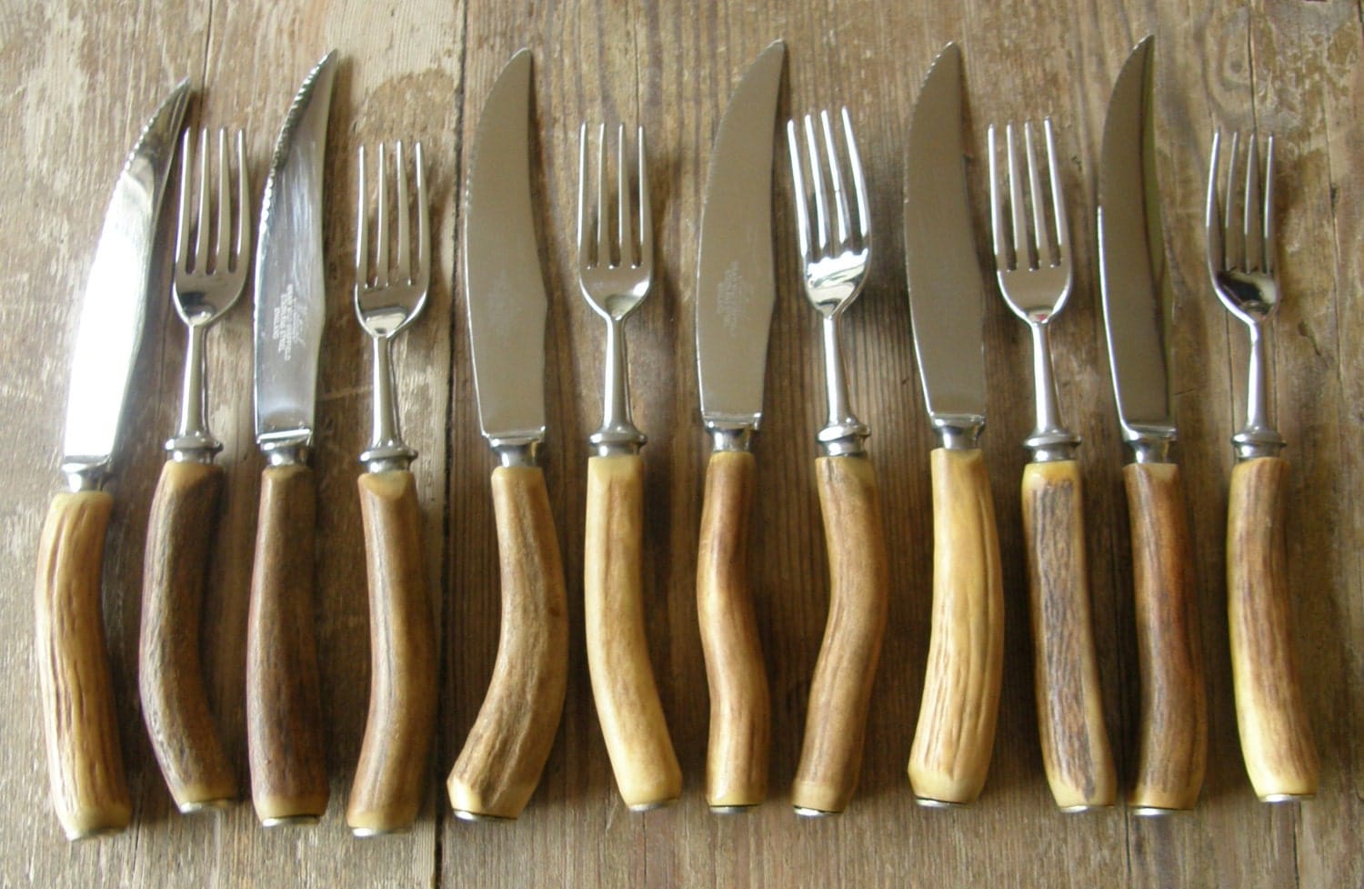 VINTAGE steak knives & forks by Hiram Wild. Deer antler/stag
