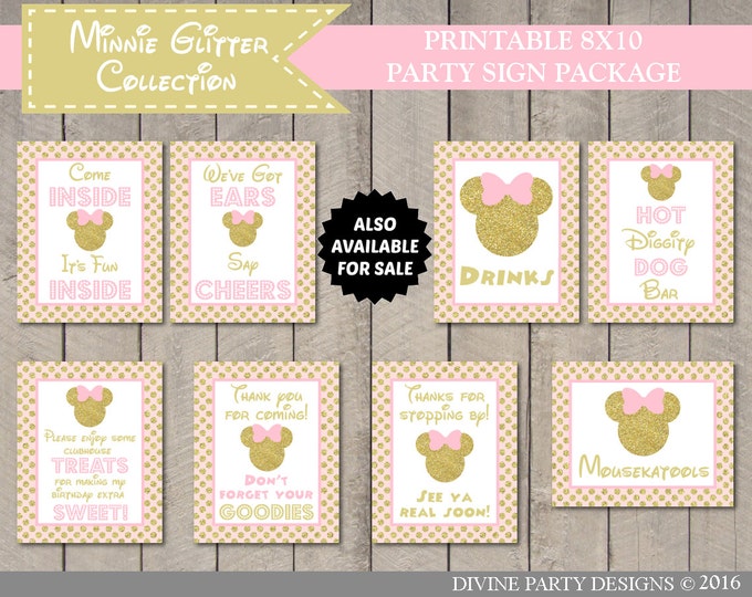 SALE INSTANT DOWNLOAD Pink & Gold Glitter Mouse Printable 8x10 Hot Diggity Dog Bar Sign / Free Condiment Labels / Glitter Collection / Item
