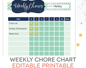 Chore Chart Printable - EDITABLE PDF, Kids Weekly Reward, Task Responsibility Checklist, Chevron, 10 Rows
