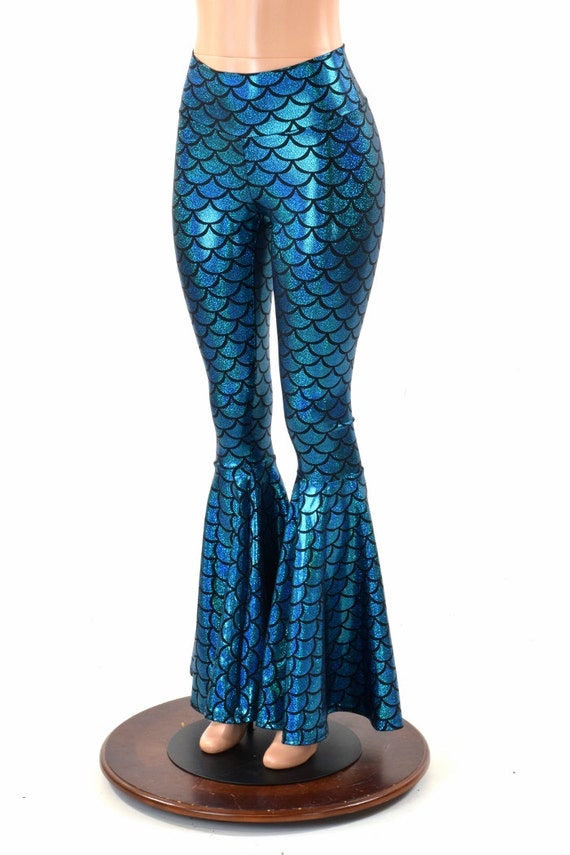Turquoise Dragon Scale High Waist Mermaid Bell Bottom Flare