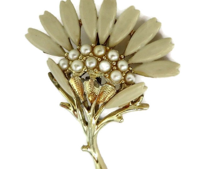 Cream Thermoset & Faux Pearl Brooch, Vintage 1950's Gold Tone Flower Pin