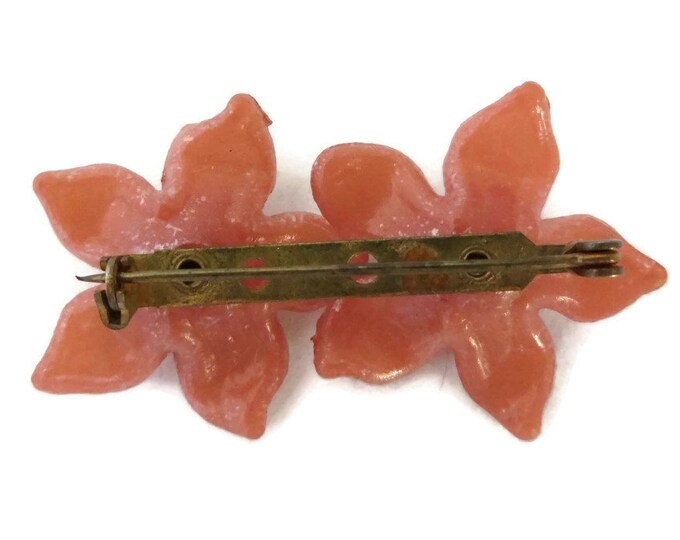 Vintage Brooch - Art Deco Celluloid Brooch, Pink Frost Carved Double Flower Pin, Gift for Her, Gift Box