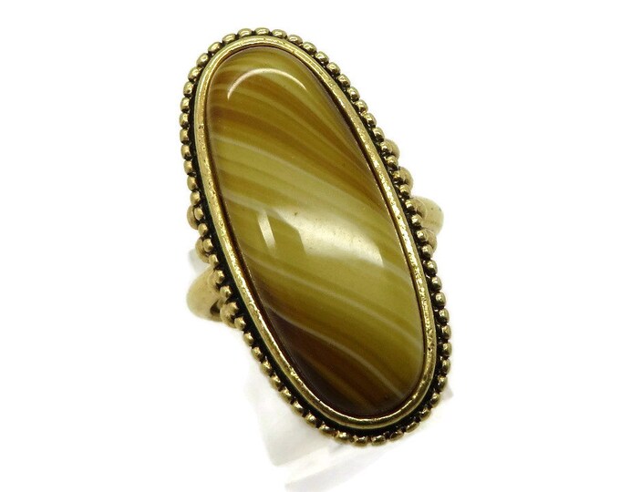Vintage AVON Faux Tiger Eye Ring, Yellow & Brown Striped Gold Tone Ring, Size 7