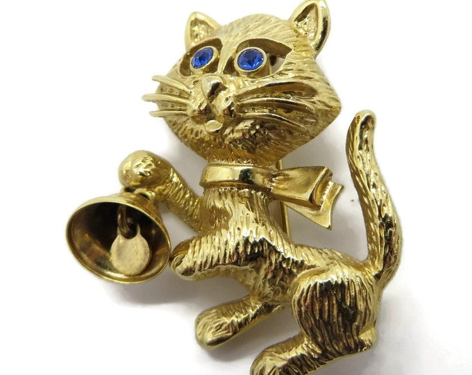 Vintage AVON Cat Brooch, Gold Tone Kitten, Bell Pin, 1980s Jewelry, Gift for Her, Gift Boxed