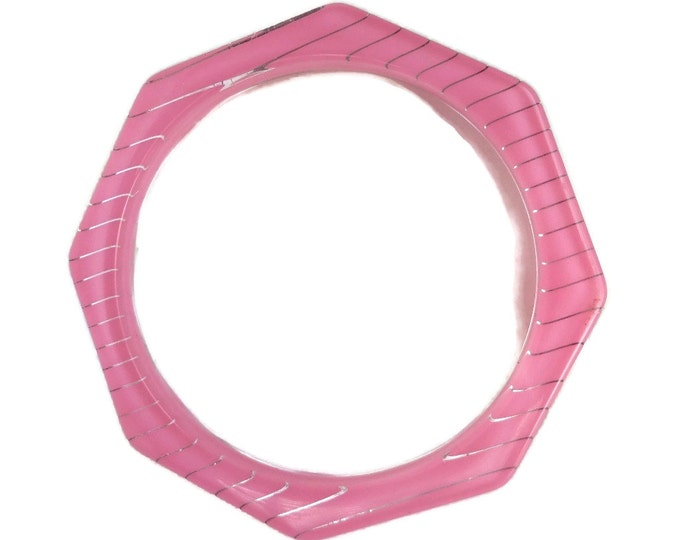 Pink Lucite Bangle, Vintage Octagon Bracelet, Striped Bangle, Fun Gift for Her