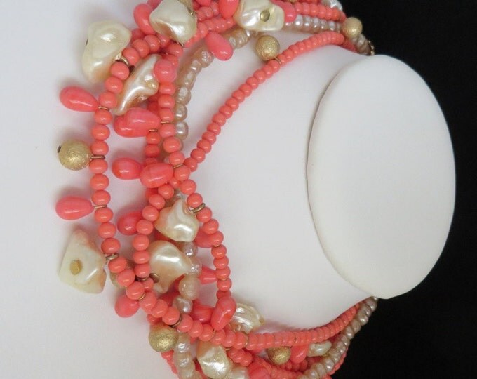 Vintage Multistrand Necklace - Faux Coral & Pearl Beaded Choker, Gift Idea, Gift Boxed