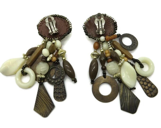 Boho Dangling Earrings, Vintage Cream and Brown Dangles, Beaded Clip-on Earrings, Hippie Clip ons