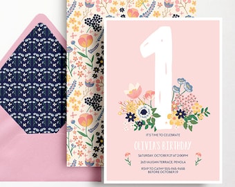 1st Birthday Invitation Girls Folk Flowers Garden Party Floral Pink Peach Yellow Blue Folk Printable Digital DIY First Milestone