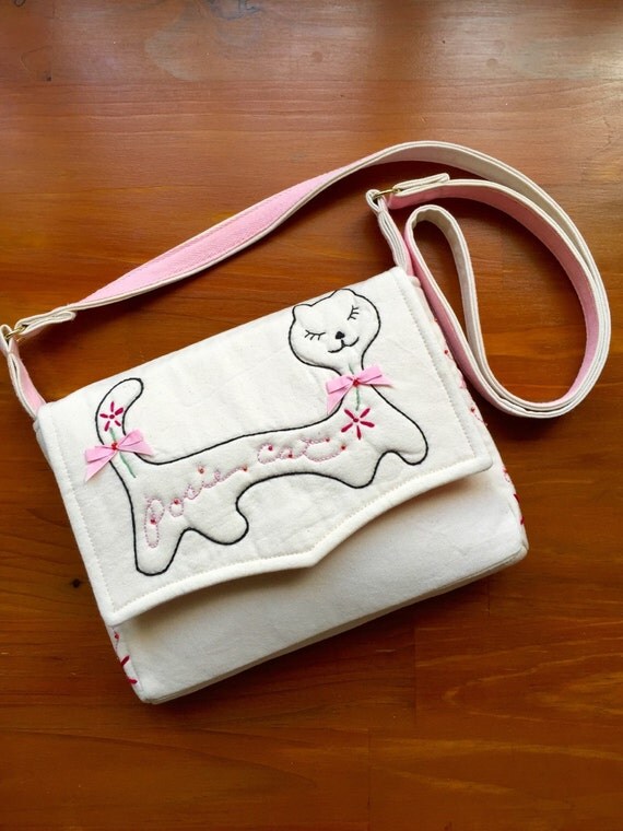 Items similar to Mini Messenger Bag Embroidered Cat Cream Twill Fabric