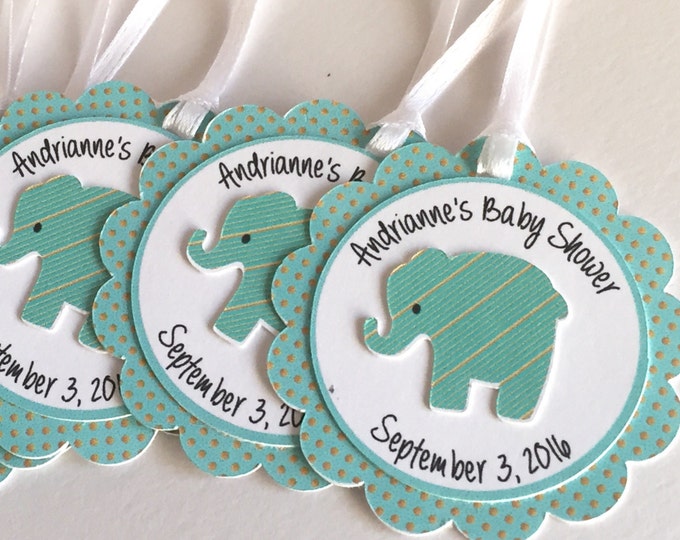 12 Turquoise and Gold with Baby Elephant. personalized Favor Tags, Baby Showers, New Arrival or First Birhday Parties