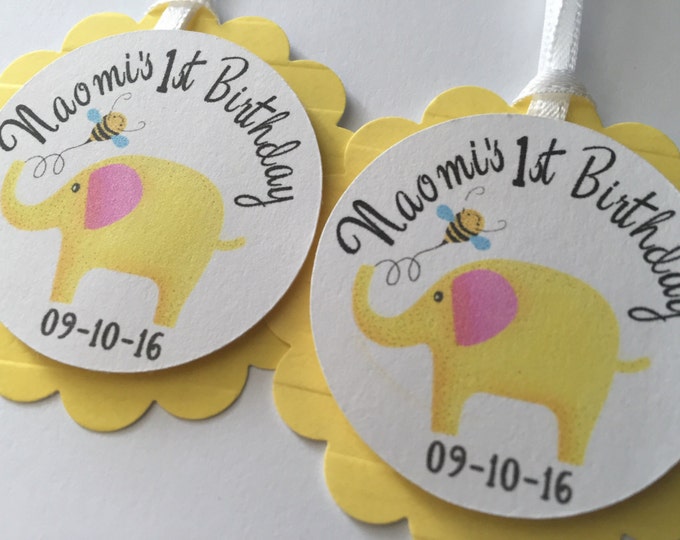 Set of 12 Personalized First Birthday Little Elephant Birthday Tags. In Yellow with Pink. Party Treat Tags. Favor Tags for Girls Birthday