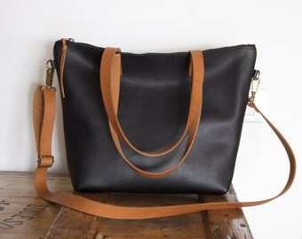 Ready to ship. Medium Black Leather bag with zip and brown leather straps. Minimalist zipper leather bag.