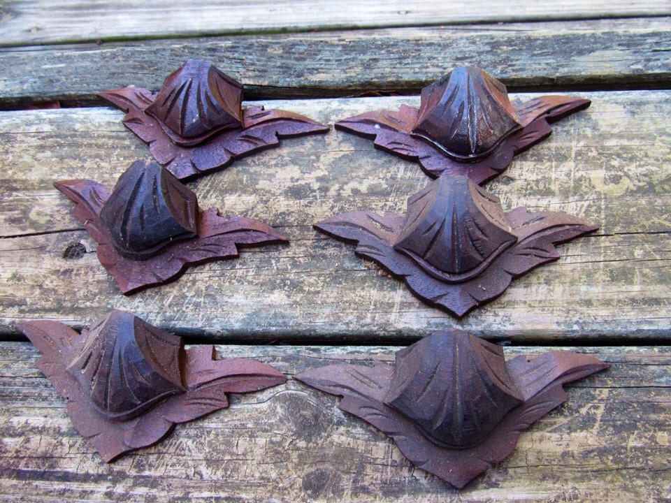 Antique Hand Carved Wooden Drawer Pulls Victorian Leaves