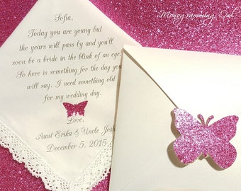 Lace Flower girl Personalized "INK Printed" wedding handkerchief, sparkle design. Gift for flower girl. FREE Sparkling Gift Envelope.