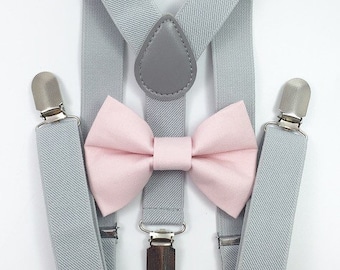 FREE DOMESTIC SHIPPING! Light gray suspenders and light pink bow tie set baby boys boy family photoshoot wedding formal ring bearer