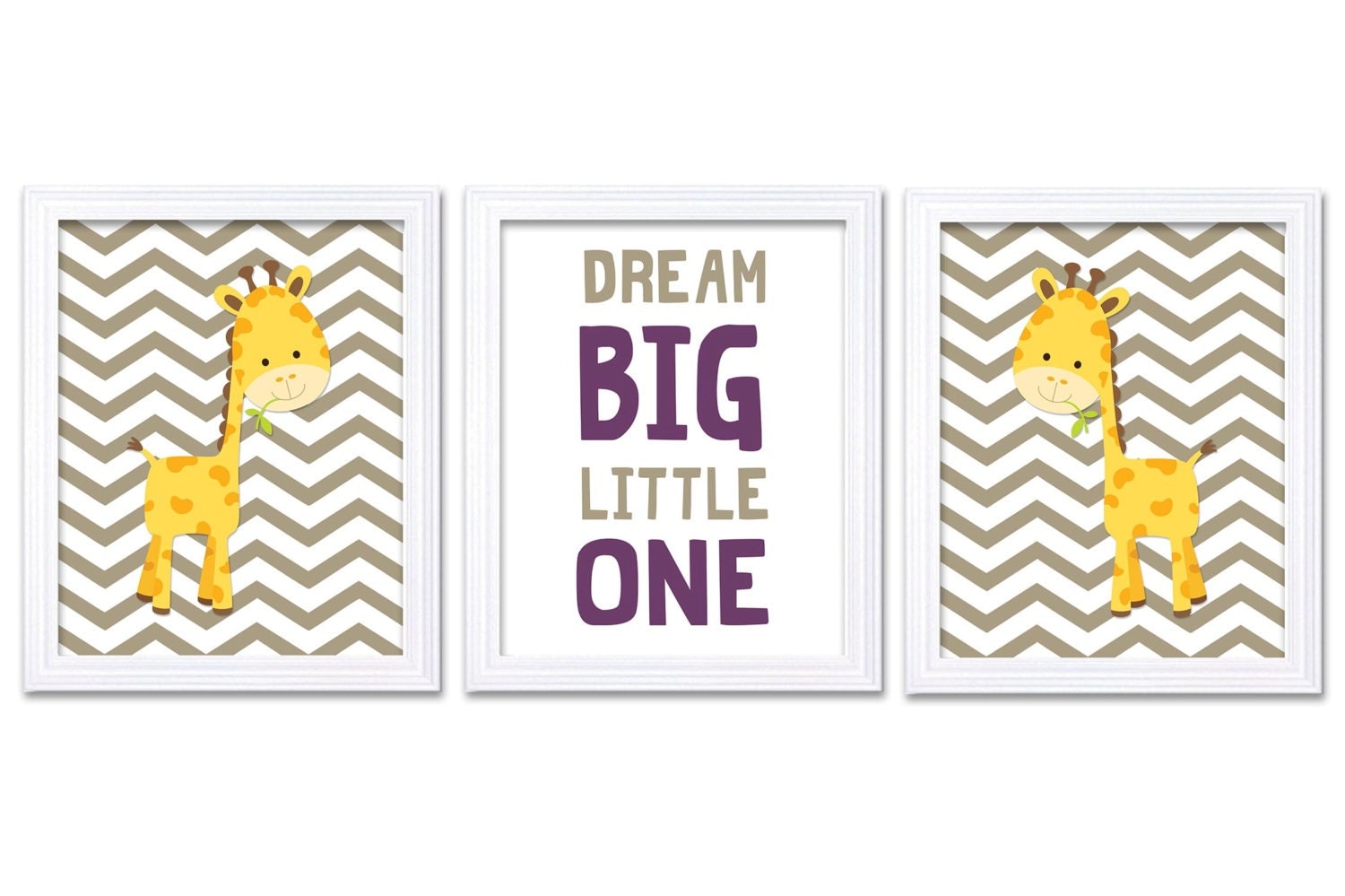 Giraffe Nursery Art Set of 3 Print Purple Plum Tan Dream Big Little One Child Kid Room Wall Decor Af