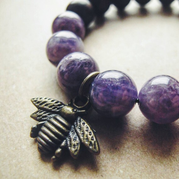 Amethyst Bumblebee Bracelet, Wood and Gemstone Bracelet, Bumblebee Jewelry, Yoga Bracelet, Amethyst and Tiger Ebony Wood Bracelet.