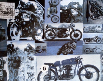Fabric, Racer Rex Blue, Vintage Motorcycle Collage Material, Alexander Henry, By the Yard