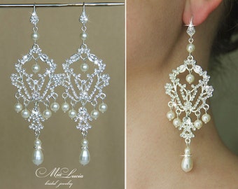 Bridal Earrings, Chandelier earrings for brides, Wedding Earrings, Long bridal Earrings, Large Earrings, Bridal jewelry earrings e11