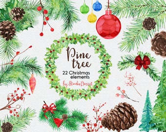 Christmas Cliparts, Pine Tree Watercolor Christmas Clip Art, Christmas Tree, Ornaments, Pinecone Graphics for Personal and Commercial Use