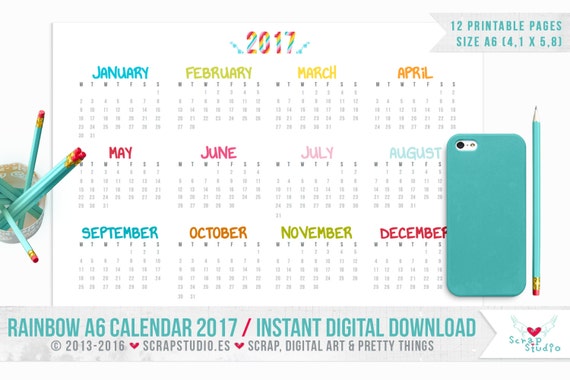 Printable A6 Calendar 2016 RAINBOW 1 page by ScrapStudioES