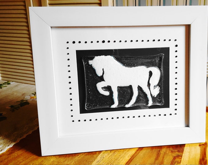 Fused glass framed display panel wall art - dancing horse. Childrens bedroom design. Equine gifts. Black and white artwork. Monotone art.