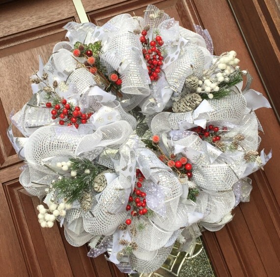 deco mesh christmas wreath white silver by whatsonyourdoor deco mesh christmas wreath white silver by whatsonyourdoor