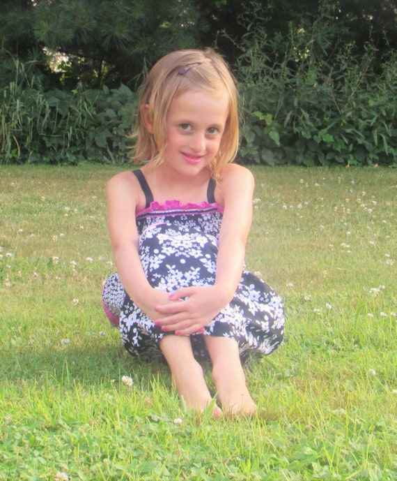 Girls sundress / stretch elastic top / black ribbon/ long