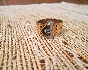 1940's 14k gold adjustable mesh diamond and sapphire ring