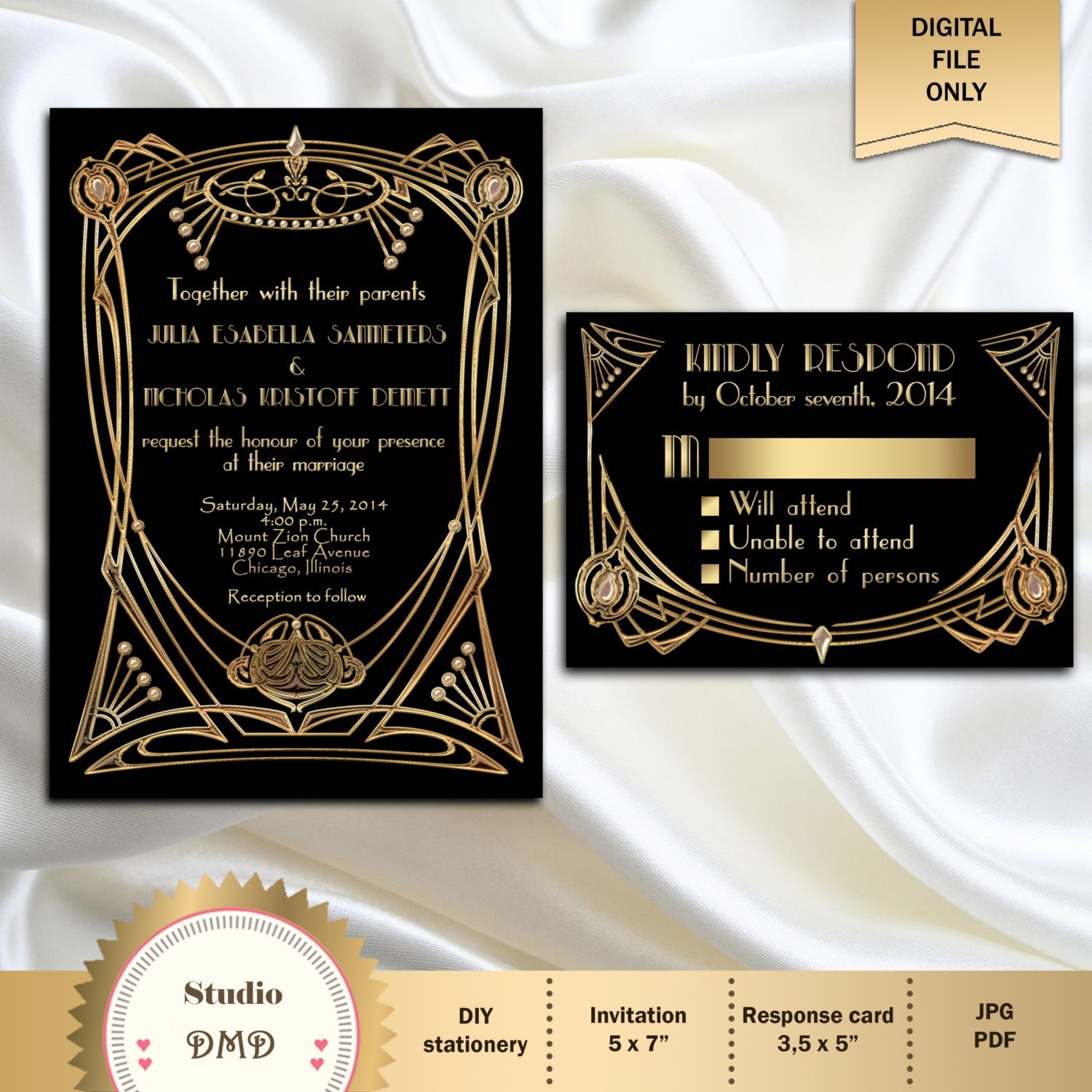 Große Gatsby Stil Art Déco Hochzeit Einladung Suite mit RSVP
