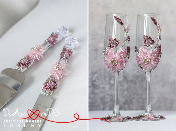 Blume hochzeit set sektgläser & kuchen von diamoredsluxury auf etsy