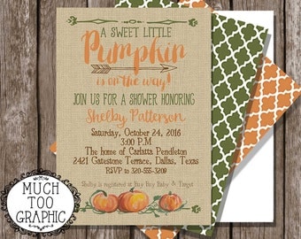 FALL Baby Shower Invitation Invitations A Little Pumpkin is on the way Burlap & Back Design WATERCOLOR Pumpkins Orage, brown and Green