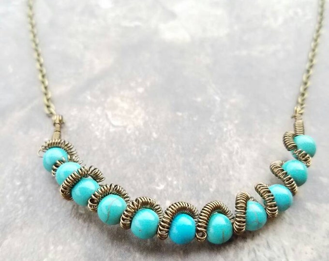 Turquoise brass necklace, turquoise coil wire wrapping brass necklace, turquoise boho necklace, bohemia necklace, Bohemian Necklace