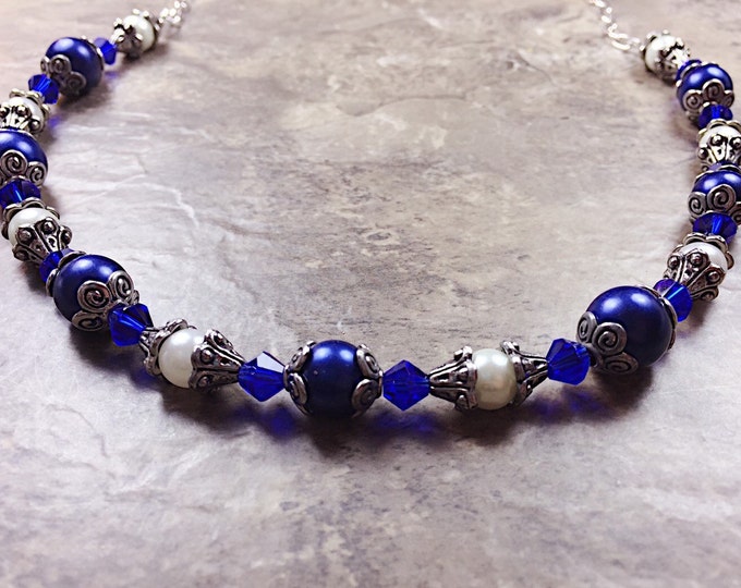 Blue and White pearl necklace, Blue pearl necklace, White pearl necklace, indigo blue necklace