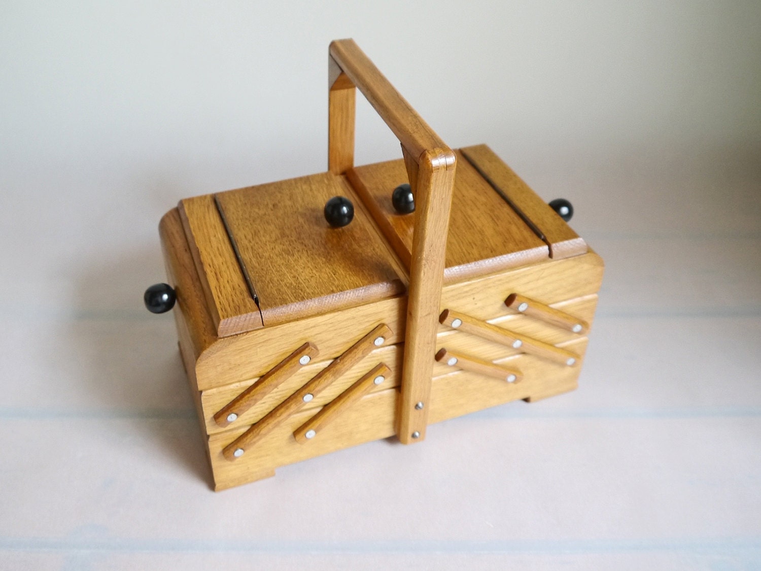 Vintage Sewing Box accordion Wood Basket knitting Mid