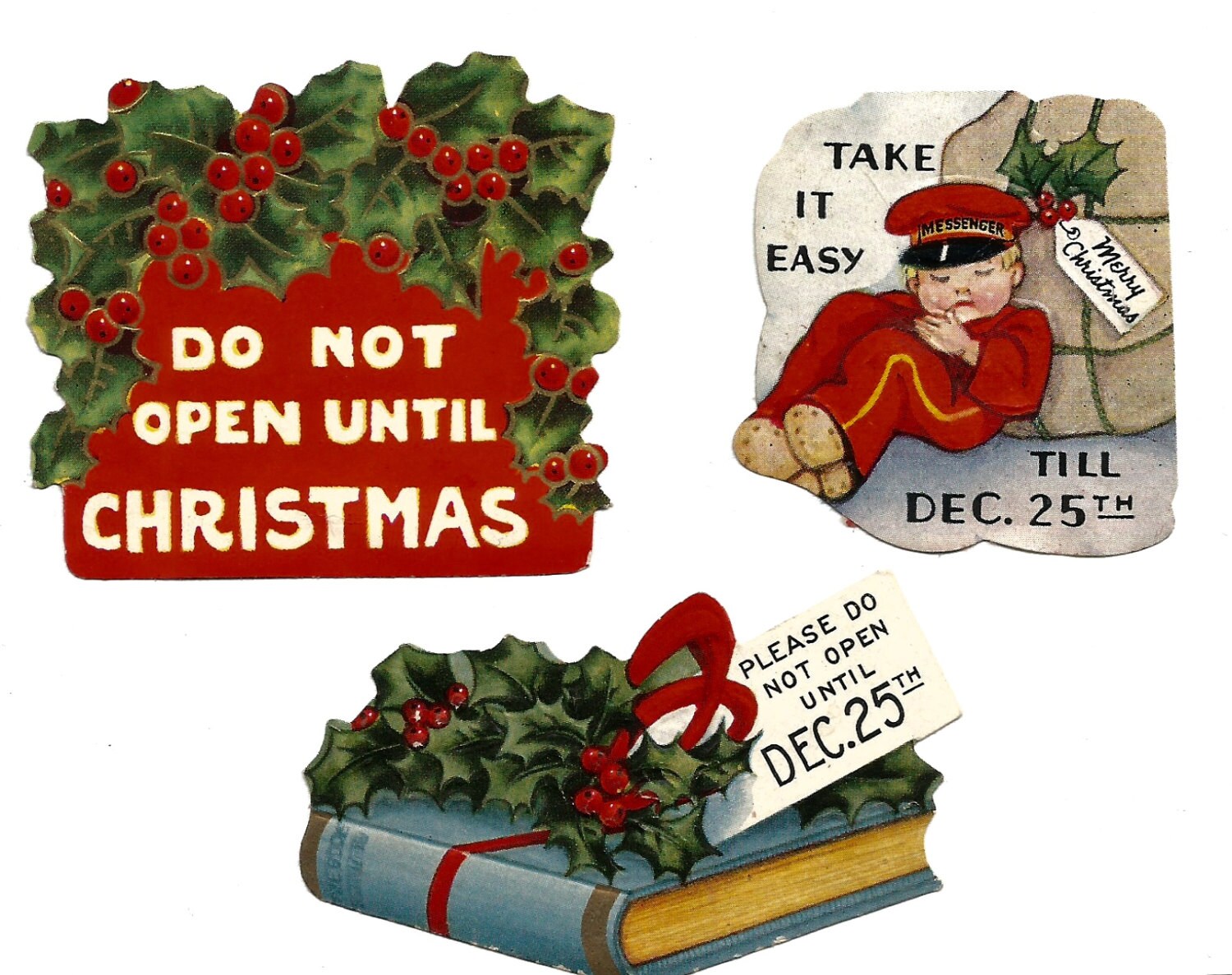 Three Retro Vintage Do Not Open Until Christmas Stickers.