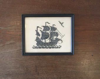 Vintage nautical ship cross stitch in frame