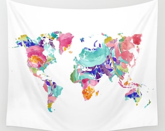 World Map Wall Tapestry / Colourful Floral Modern Map Wall Tapestry / Aldari Home