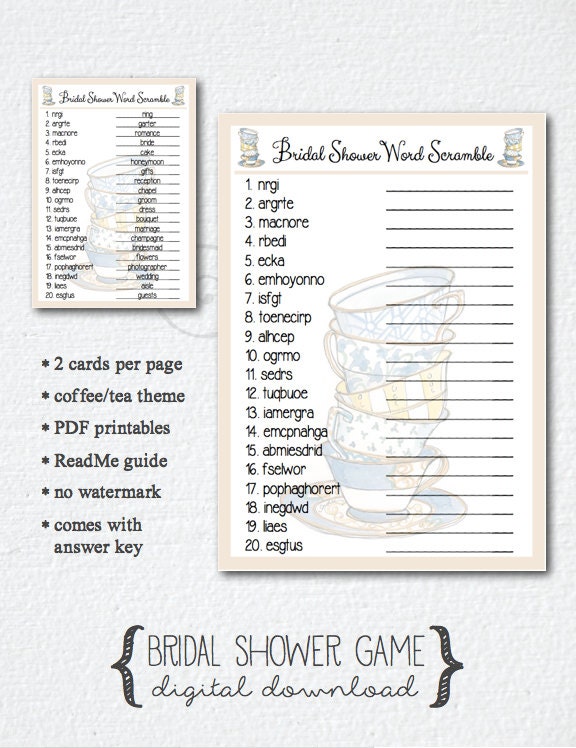 Tea Party Coffee Theme Bridal Shower Game Word Scramble