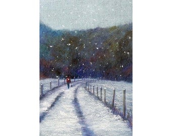 Pastel painting. Snow falling on a country lane. Winter painting. original painting. landscape painting. walking the dog.