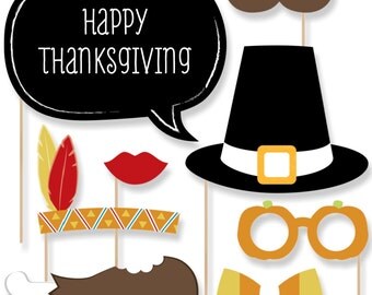 20 pc. Give Thanks Photo Booth Props - Thanksgiving Party Prop Kit with Mustache, Hat, Bow Tie, Glasses and Custom Talk Bubble