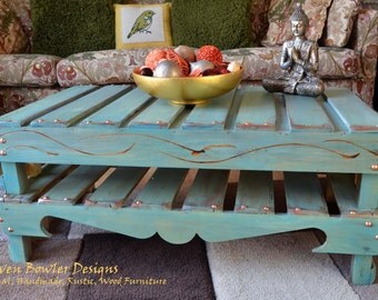 Country Cottage Rustic Reclaimed Wood Coffee Table in Duck Egg Blue Decorative Carving & Copper Tacks Handcrafted to Order