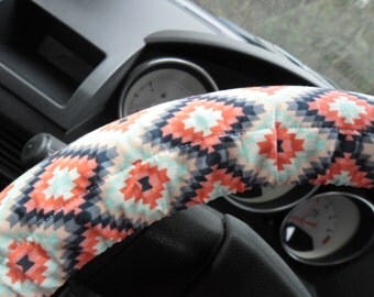 Aztec Coral, black, gray, teal, and white Steering Wheel Cover, wheel cover