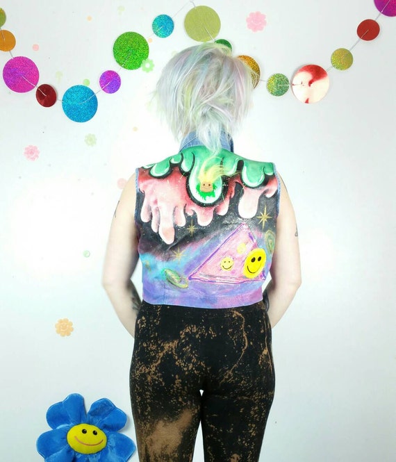 Hand Painted Custom Denim Vest Neon Grunge by SlimeWarpVintage