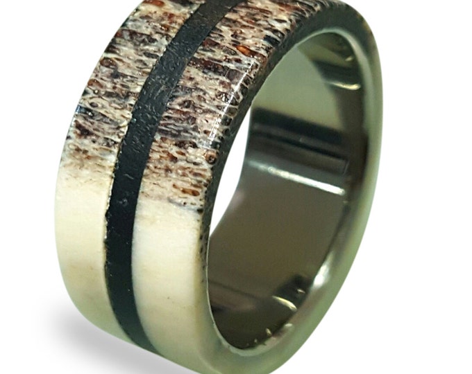 Titanium Ring with Deer Antler and Ebony Wood Inlay