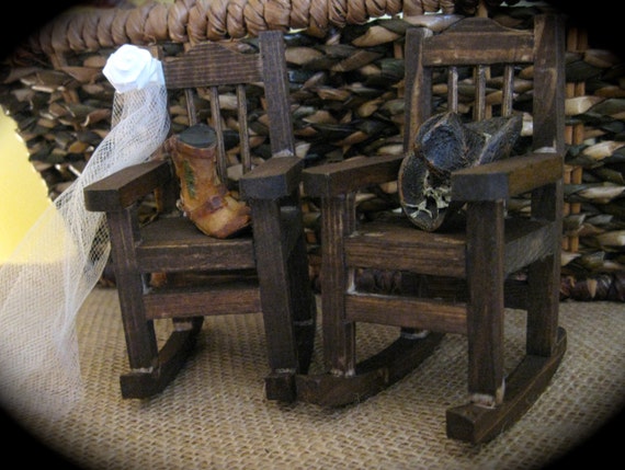 Country Western Barn Rustic Mini Rocking Chair Cake Topper With Cowboy Boots and Hat