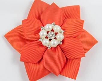 Orange Hair Bow - Orange Flower Hair Bow - Orange Flower Clip - Orange Flower Bow - Orange Flower Hair Clip (Item #10296)