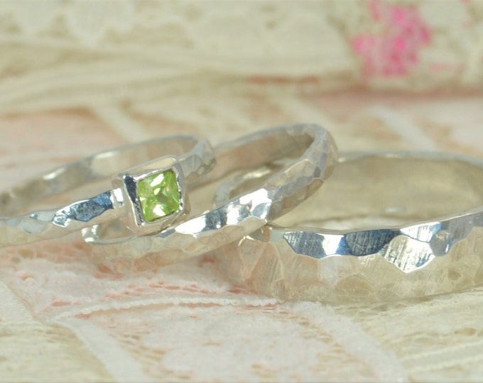 Square Peridot Engagement Ring, Sterling Silver, Peridot Wedding Ring Set, Rustic Wedding Ring Set, August Birthstone, Sterling Peridot